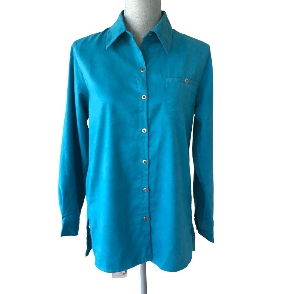 NOS NWT Chico's Design Faux Suede Teal Button Down Shirt Top -‎ Small